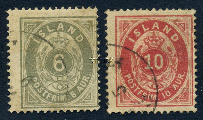Iceland stamps: 0011-12. 6 and 10 aur 1876.