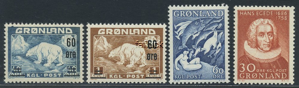 Greenland stamps: 037-39, 42. ** Lot 4 stamps 1956-58 incl. Polar Bear prov.,