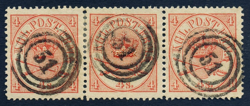 Denmark stamps: 0013. 4s red in 3-strip canc.