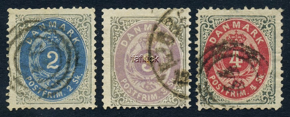 Denmark stamps: 0016b, 17, 18A.  Lot 3 stamps: 2 sk grey/prussian blue,