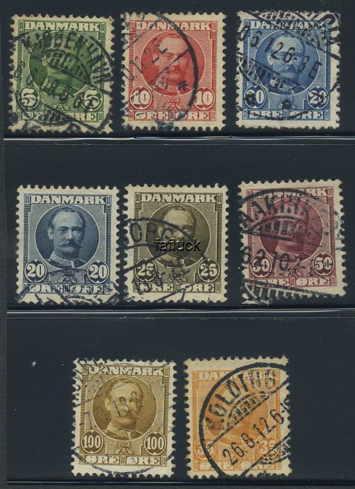 Denmark stamps: 0054-59, 63. Chr.IX 1907-12, lot 8 different stamps.