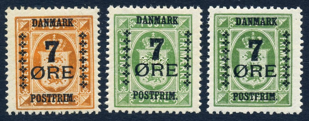 Denmark stamps: 0160, 63-64. ** 7/1, 7/5 and 7/10 øre provisional issue 1926.