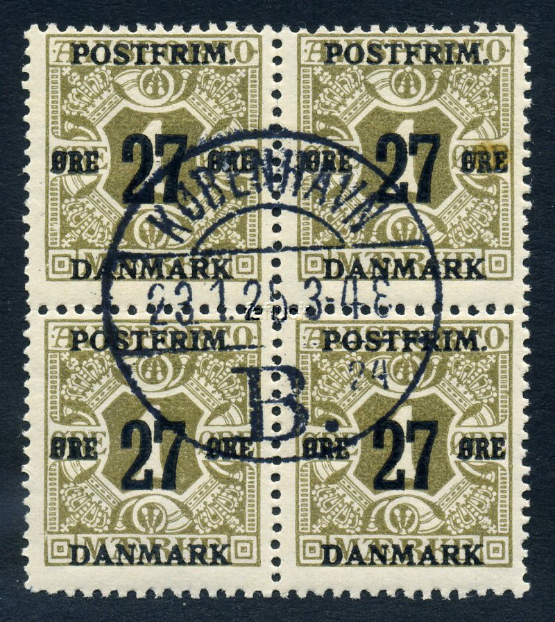 Denmark stamps: 0085. 27/1 øre perf 14x14 1/2. 4-block KJØBENHAVN/B 23.1.25.