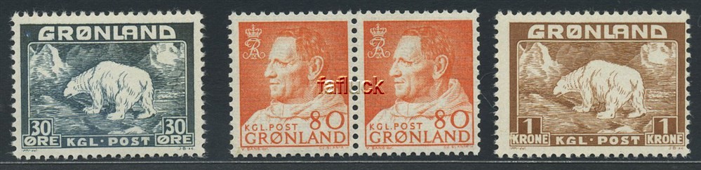 Greenland stamps: 006, 34 57(2). ** Lot 4 stamps 1938-1963 inc. 2 Polar Bear