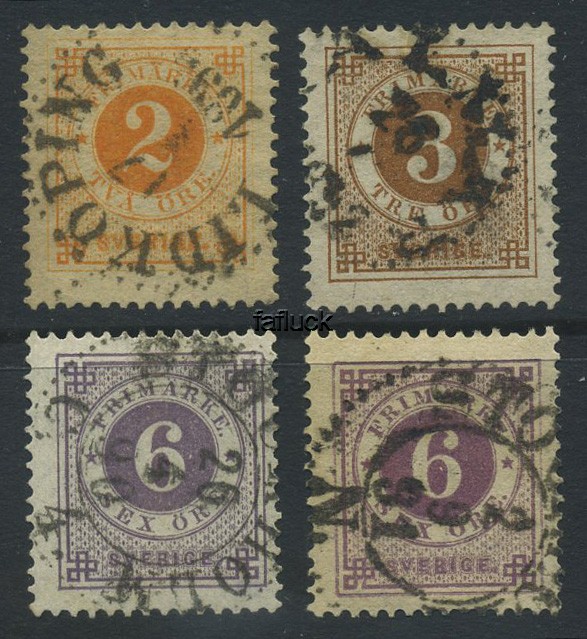 Sweden stamps: 0040-41, 44a,c. Group of 4 stamps incl. 2 diff. 6 öre.