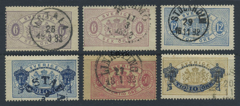 Sweden official stamps: Tj 15b,c, 17, 22A, 25-26. Group of 6 stamps fine perf.