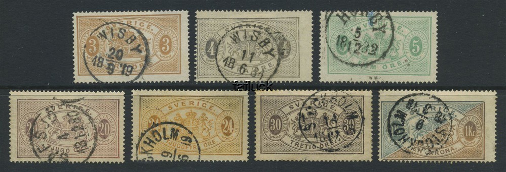 Sweden official stamps: Tj 01-03, 06-08, 10. Group of 7 stamps perf.14 1874-77.