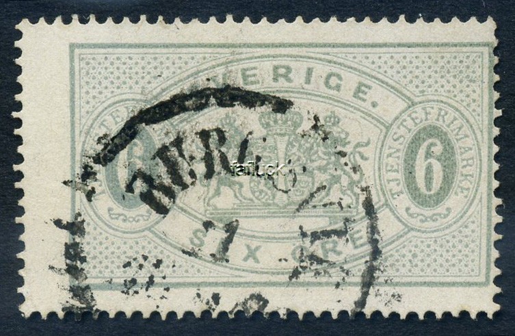 Sweden official stamps: Tj 04c. 6 öre olivish grey. Centered/right.