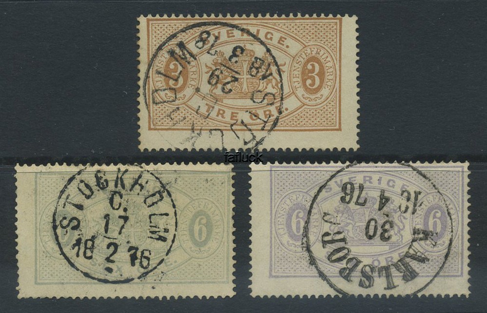 Sweden official stamps: Tj 01b, 4b,d. Lot 3 different stamps perf.14.
