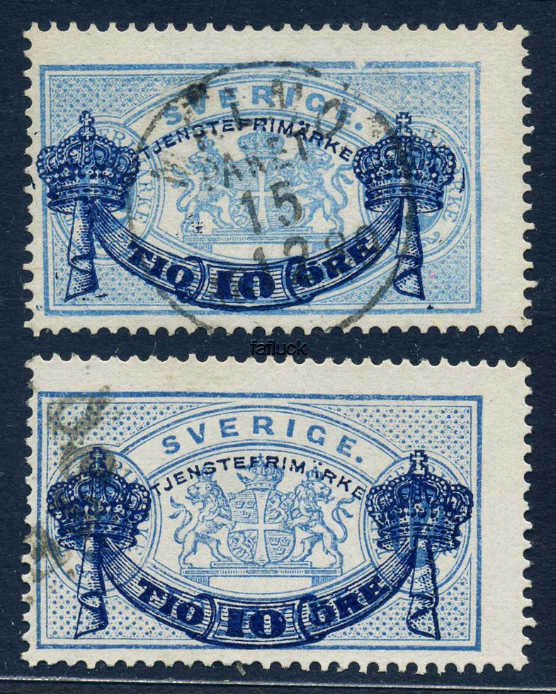 Sweden official stamps: Tj 25b,c. 10/12 öre 1889. Two different shades.