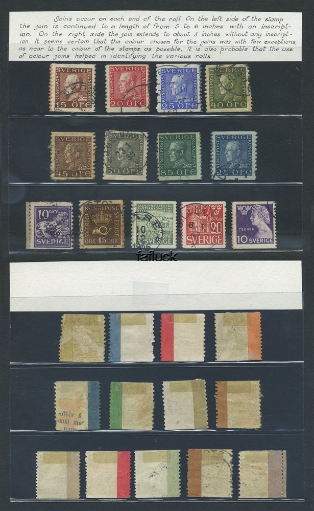 Sweden Miscellaneous: Paper joins on coil stamps. Group of 13 different 1921-47