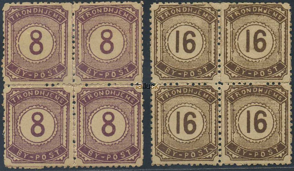 Norway locals: Trondhjem 36, 37b. * 8 and 16 øre 1886-87, 4-blocks. (S/A 750,-