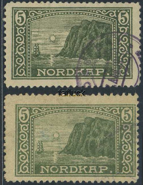 Norway Polar 06: NORDKAP, 5 øre olive green. Lot 2 different shades.