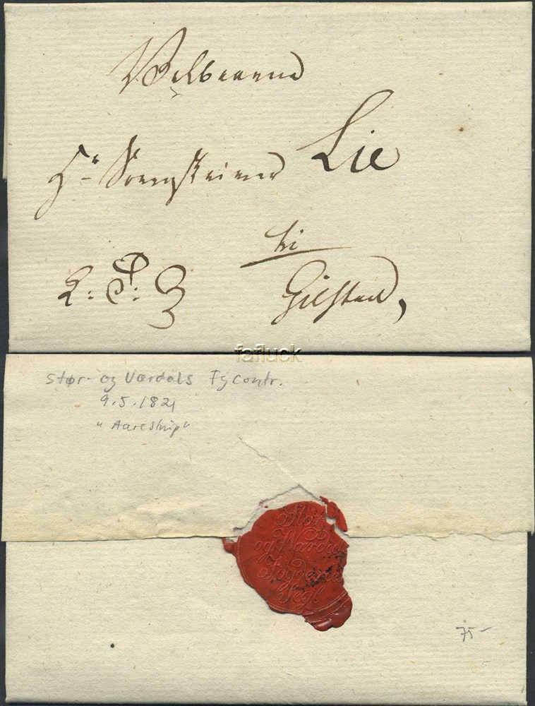 Norway old covers 02: Stør- and Wærdals Fg.contr. 1821.05.09.  Royal Official