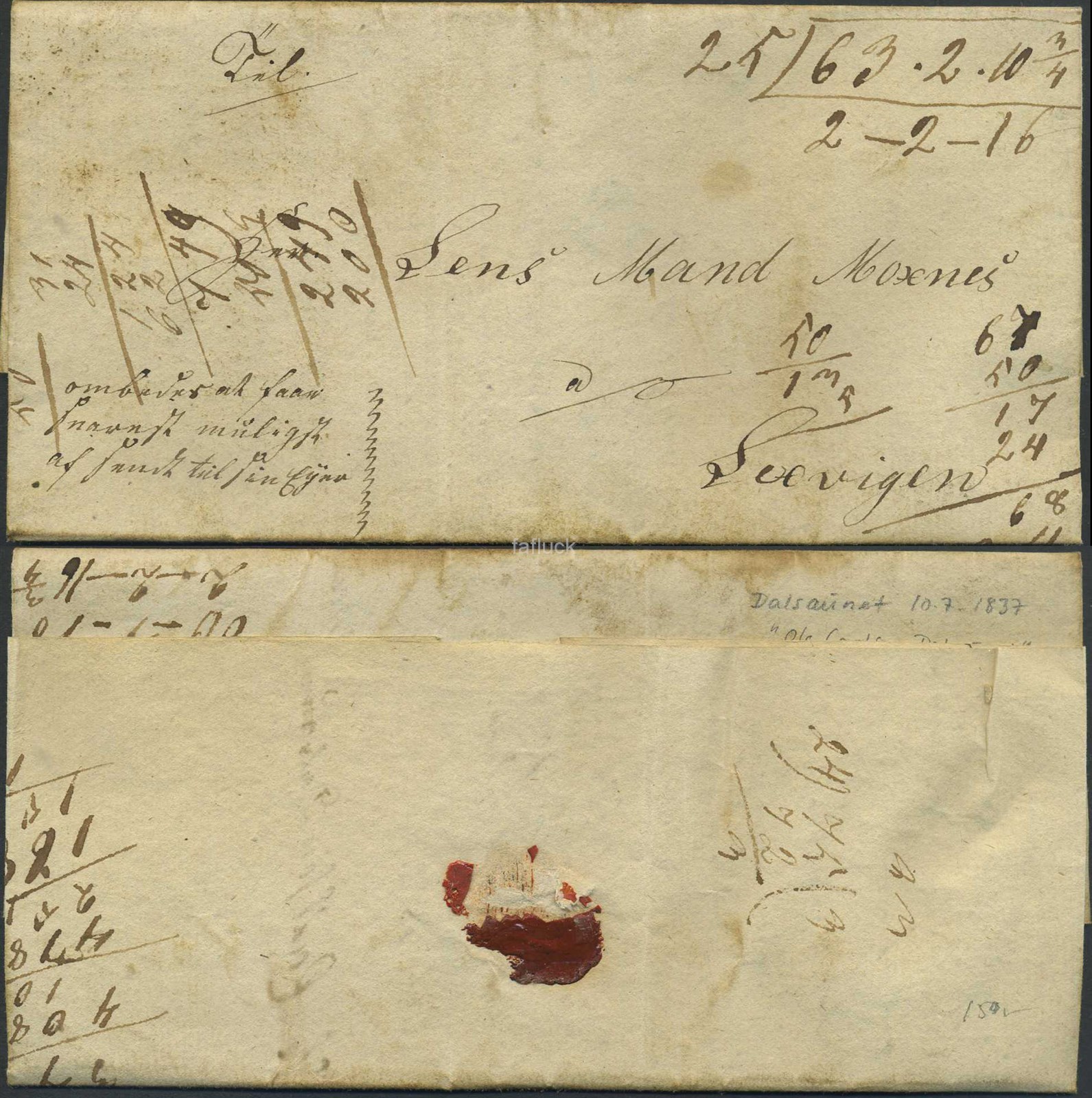 Norway old covers 07: DALSAUNET 1837.07.10. Entire addressed to Sheriff Moxnes