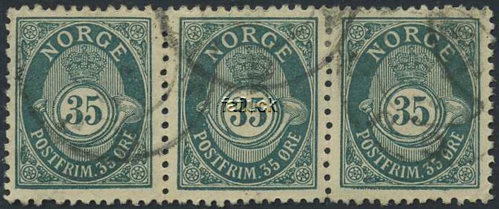 NK 0071. 35 øre in horisontal strip of three. Two stamps (nos.1