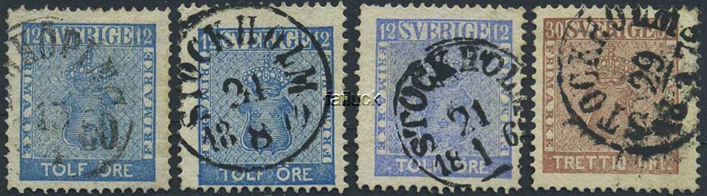 Sweden stamps: 0009d1, d3, i, 11c. Lott 4 different Coat of Arms II 1858.