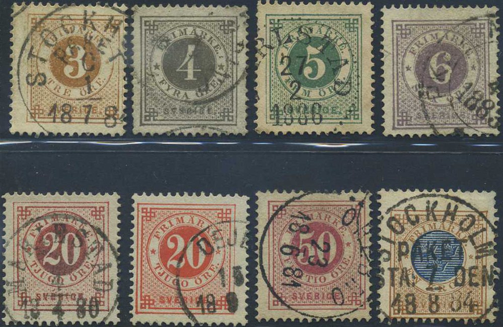 Sweden stamps: 0028/38. Lot 8 different stamps Circle Type perf. 13.