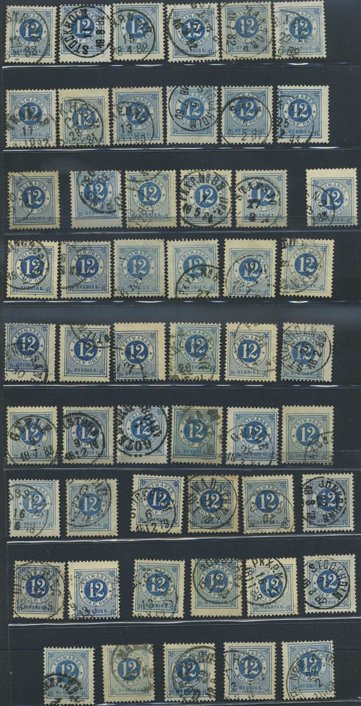 Sweden stamps: 0032. 12 öre Circle Type perf. 13.  Lot 50 stamps. Shades,