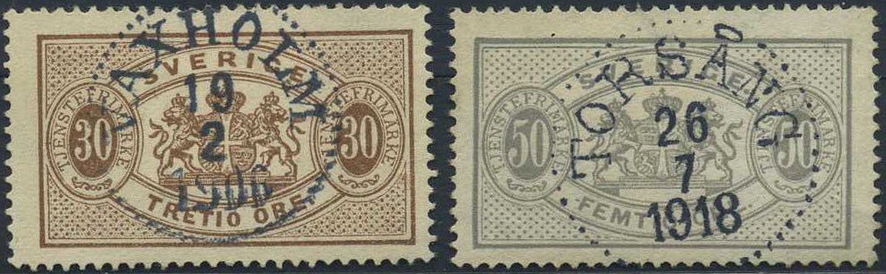 Sweden official stamps: Tj. 21, 23. VAXHOLM 19.2.1906 and THORSÅNG 26.7.1918.