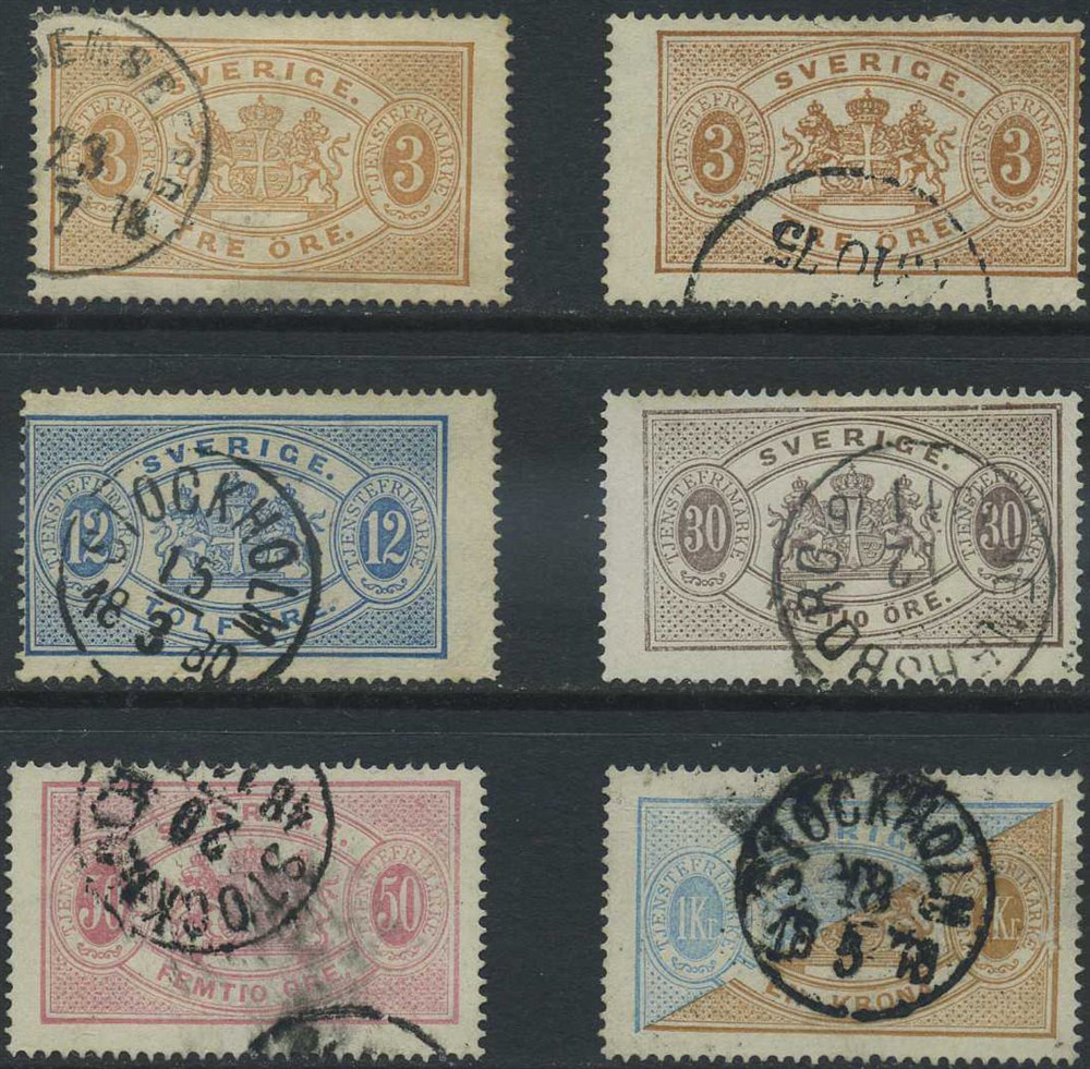 Sweden official stamps: Tj. 1/10.  Lot 6 different stamps perf.14.