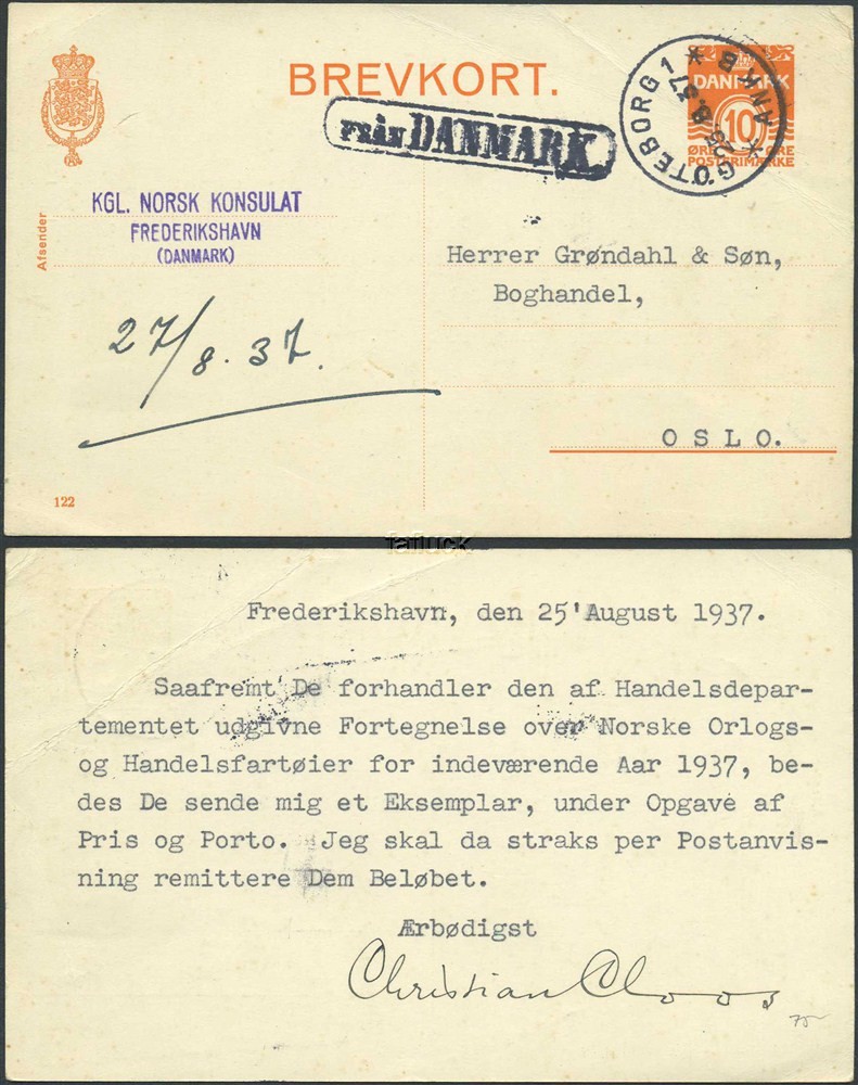 Denmark Postal Stationary Postcard.  10 øre canc. GØTEBORG/ANK B 25.8.37