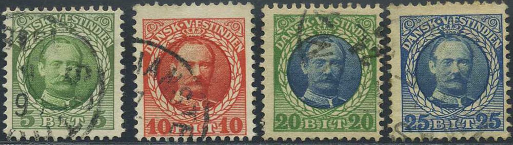 Danish West Indies stamps: 41-42, 44-45. Frederik VIII: 5, 10, 20 and 25 bit.