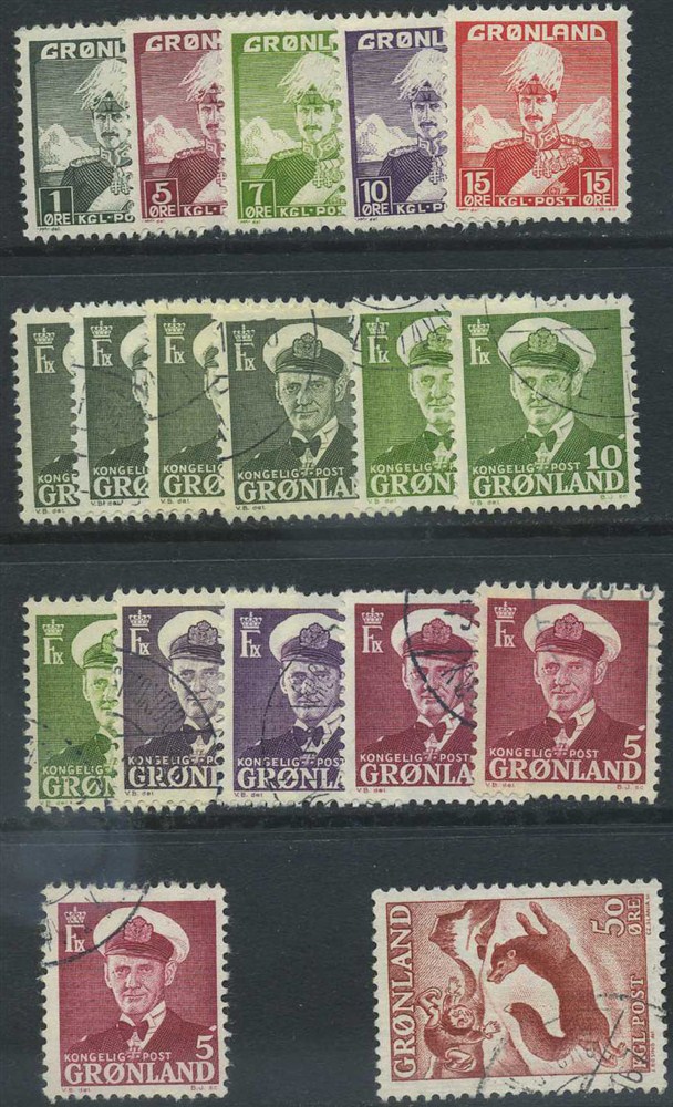 Greenland stamps: 001-5, 28-31a/b, 66. **/o Group of 18 stamps.