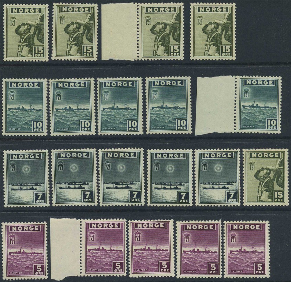 NK 0331-32. ** 5 and 7 øre London. Lot 5 stamps of each. (Skanfil