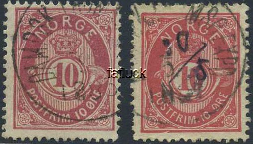 Norway ship canc. DAMPSK TROMSØ EXPD. Lot 2 stamps (NK 43 and 53 IId).