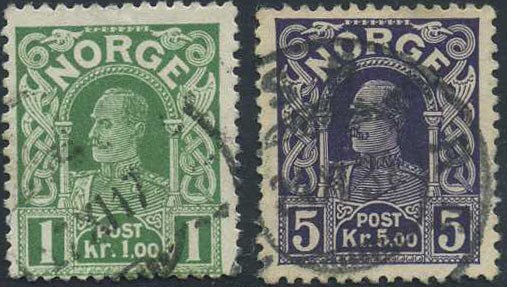 NK 0110 IIa, 113. 1 and 5 kr Haakon 1910.  1 kr bluish green shade.