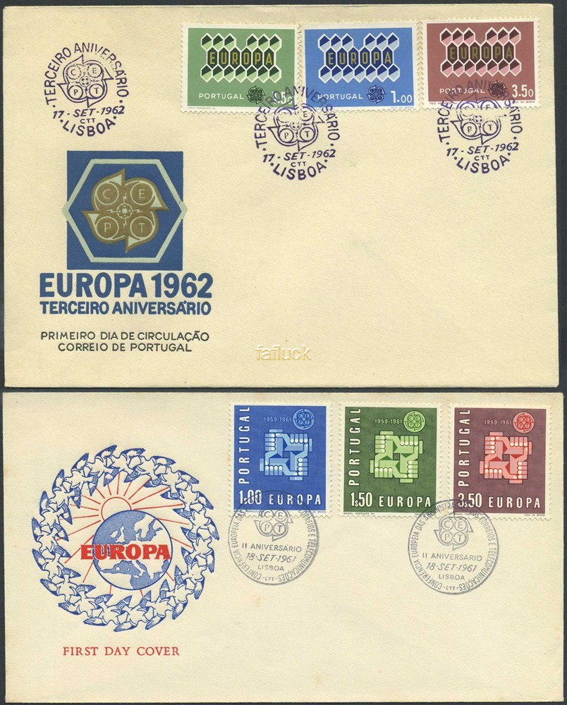 EUROPE CEPT.  Portugal 1961-62.  Two FDC`s.  Illustrated, unaddressed envelopes