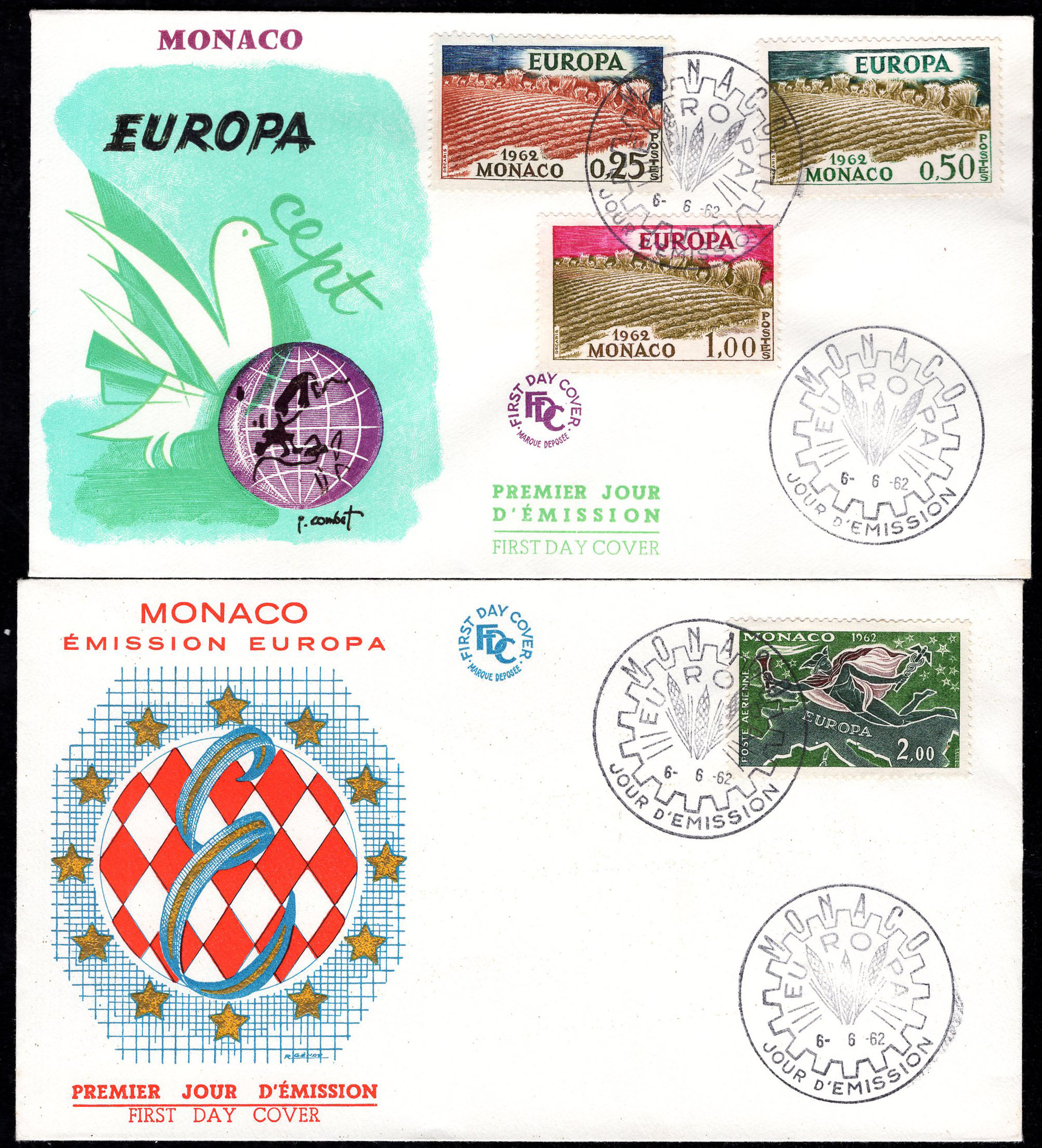 EUROPE CEPT.  Monaco 1961-62.  Two FDC`s.  Illustrated, unaddressed envelopes.