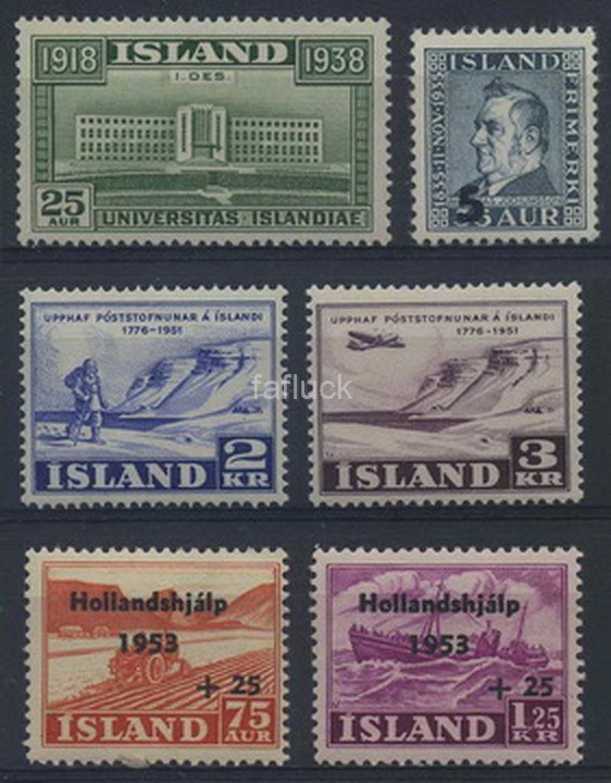 Iceland stamps: 0216,237,309-10,319-20. ** Lot 6 stamps. 1935-1953.  Mnh, vf.