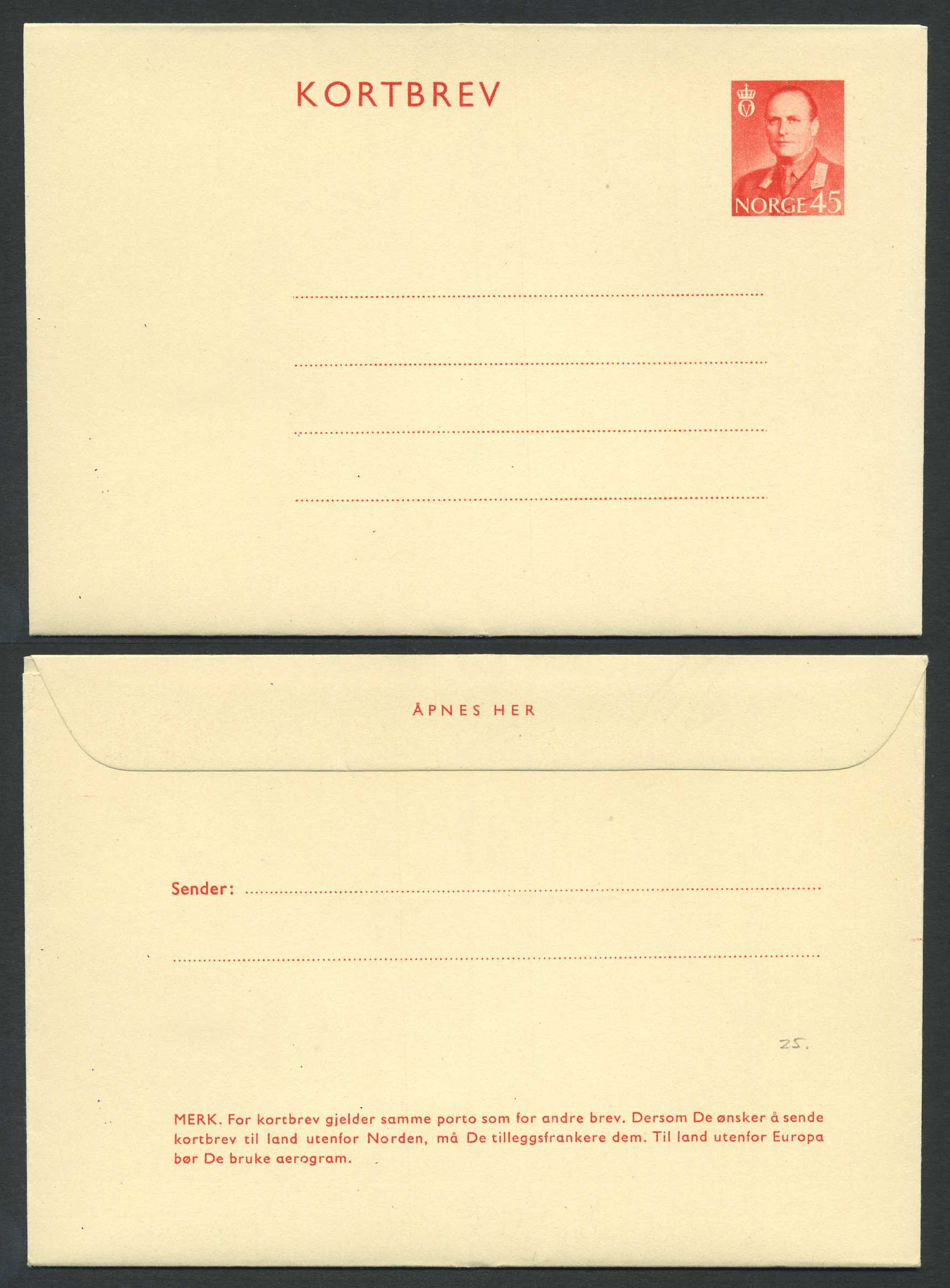 Norway stationaries: KB 025. * 45 øre letter-card 1961. Vf. (Aune 45,-)