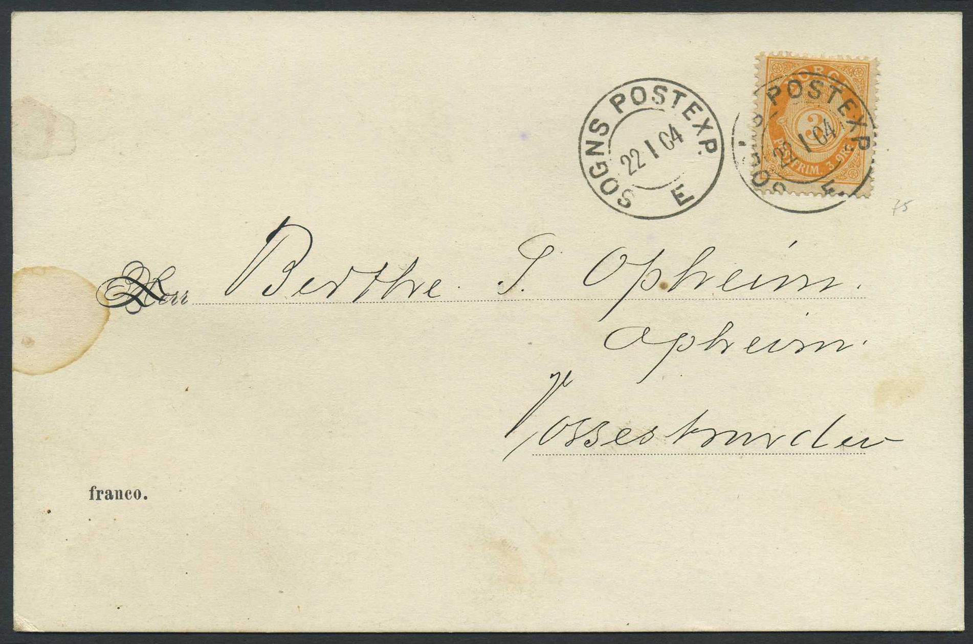 Norway ship mail: 11C 09. SOGNS POSTEXP. E 1904.01.22