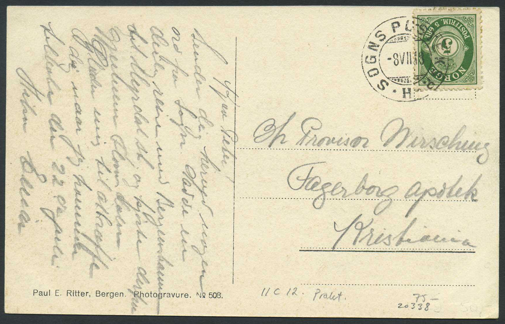 Norway ship mail: 11C 12. SOGNS POSTEKSP.*H* 1918.07.08