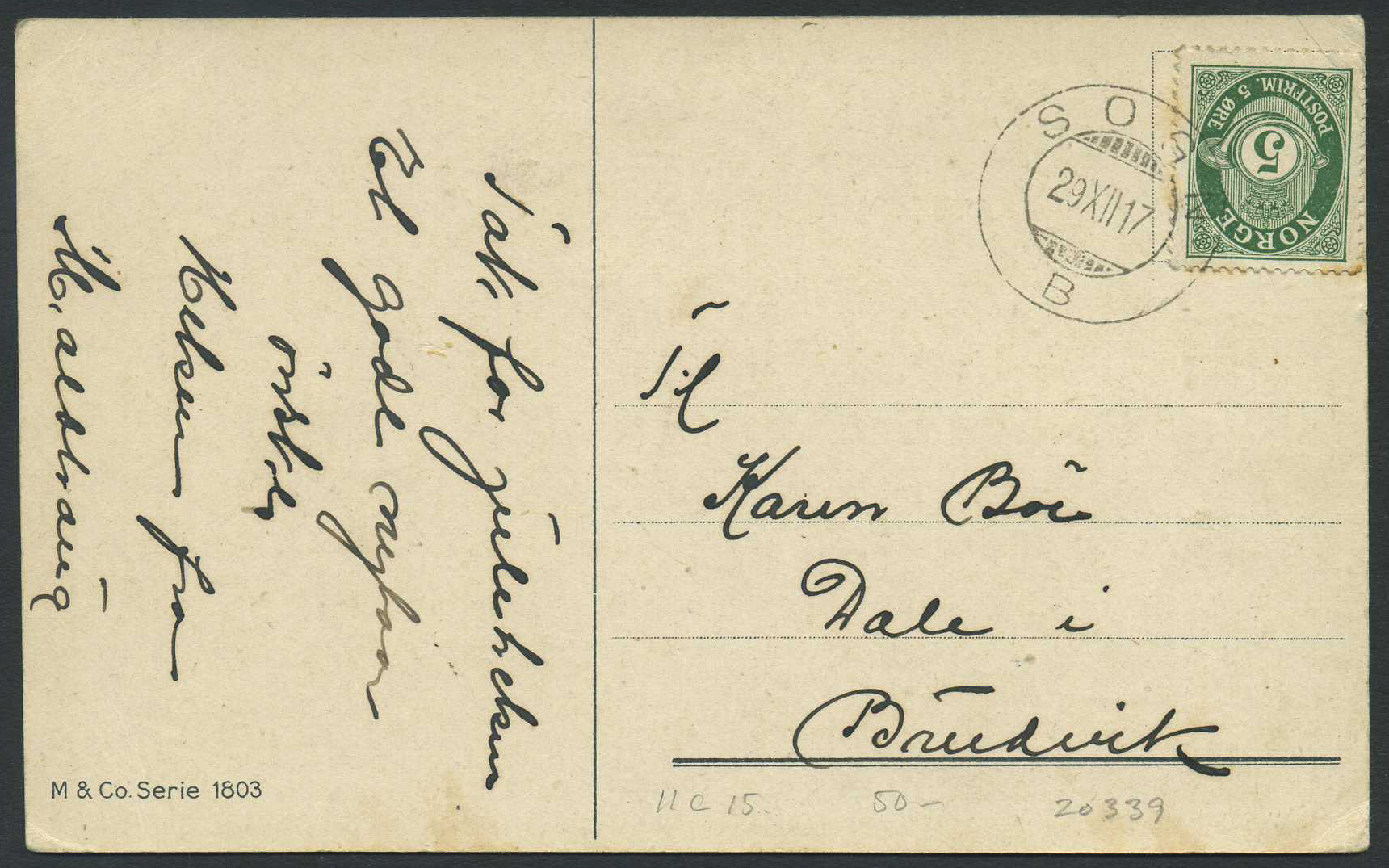 Norway ship mail: 11C 15. SOGN B 1917.12.29