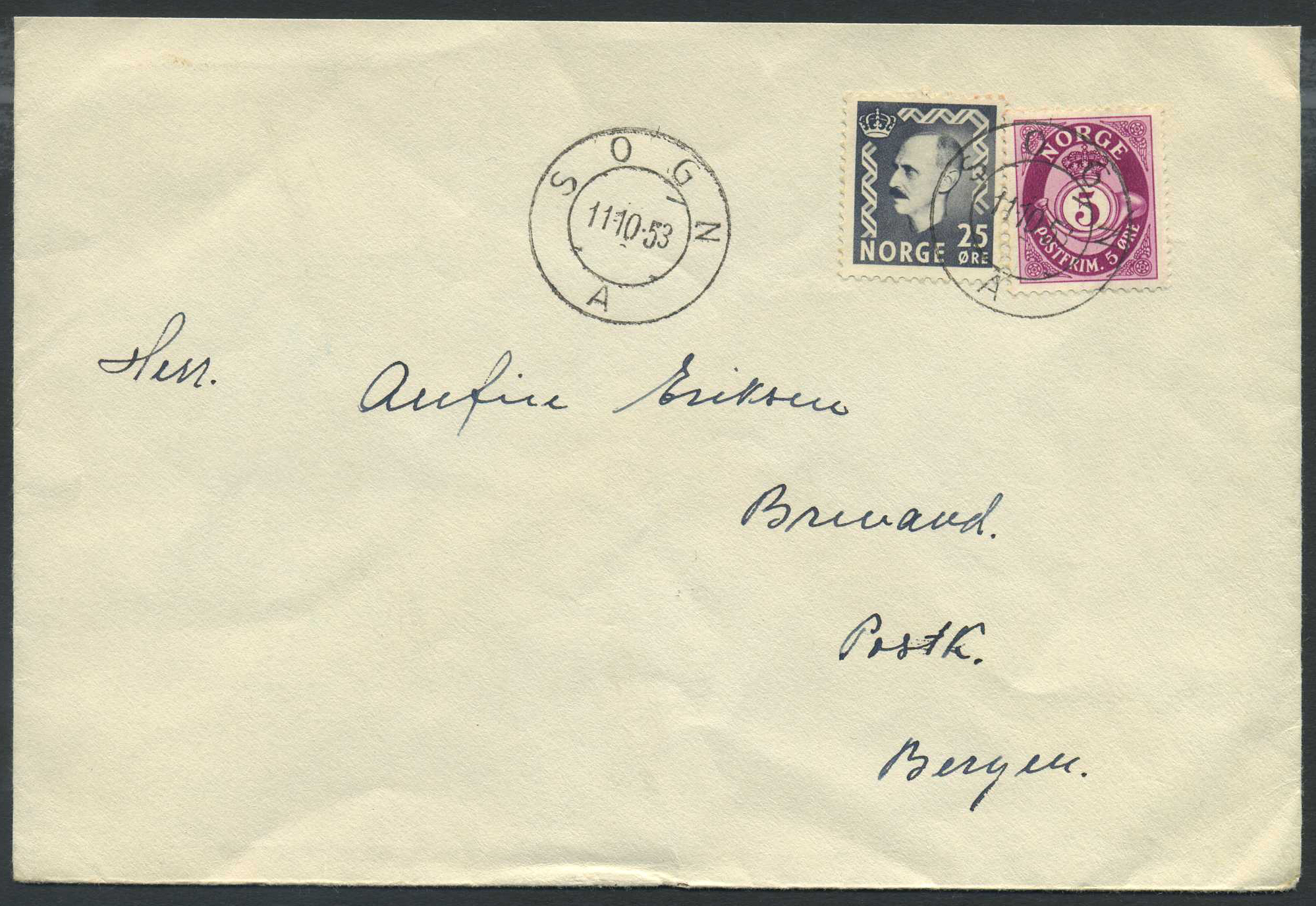 Norway ship mail: 11C 13. SOGN A 1953.10.11