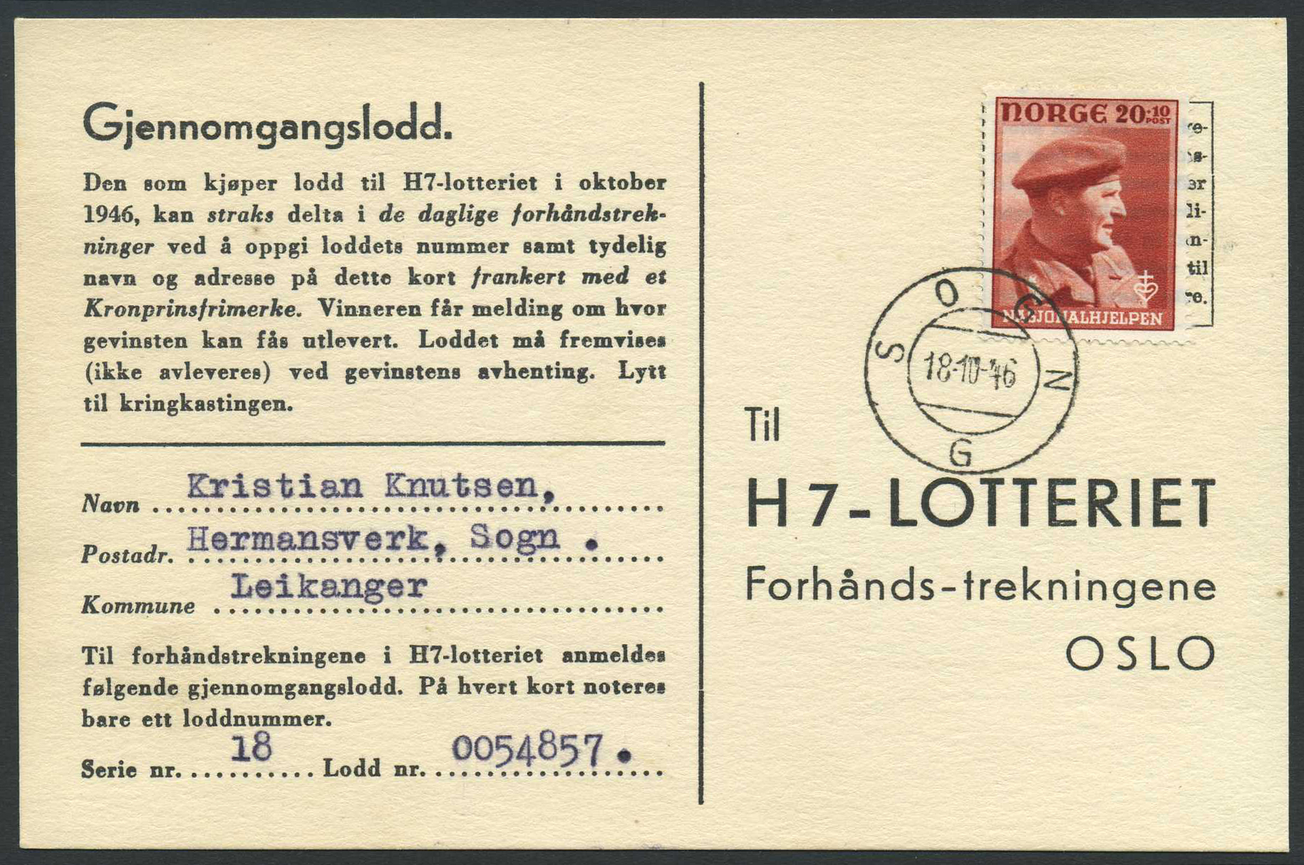 Norway ship mail: 11C 20. SOGN G 1946.10.18