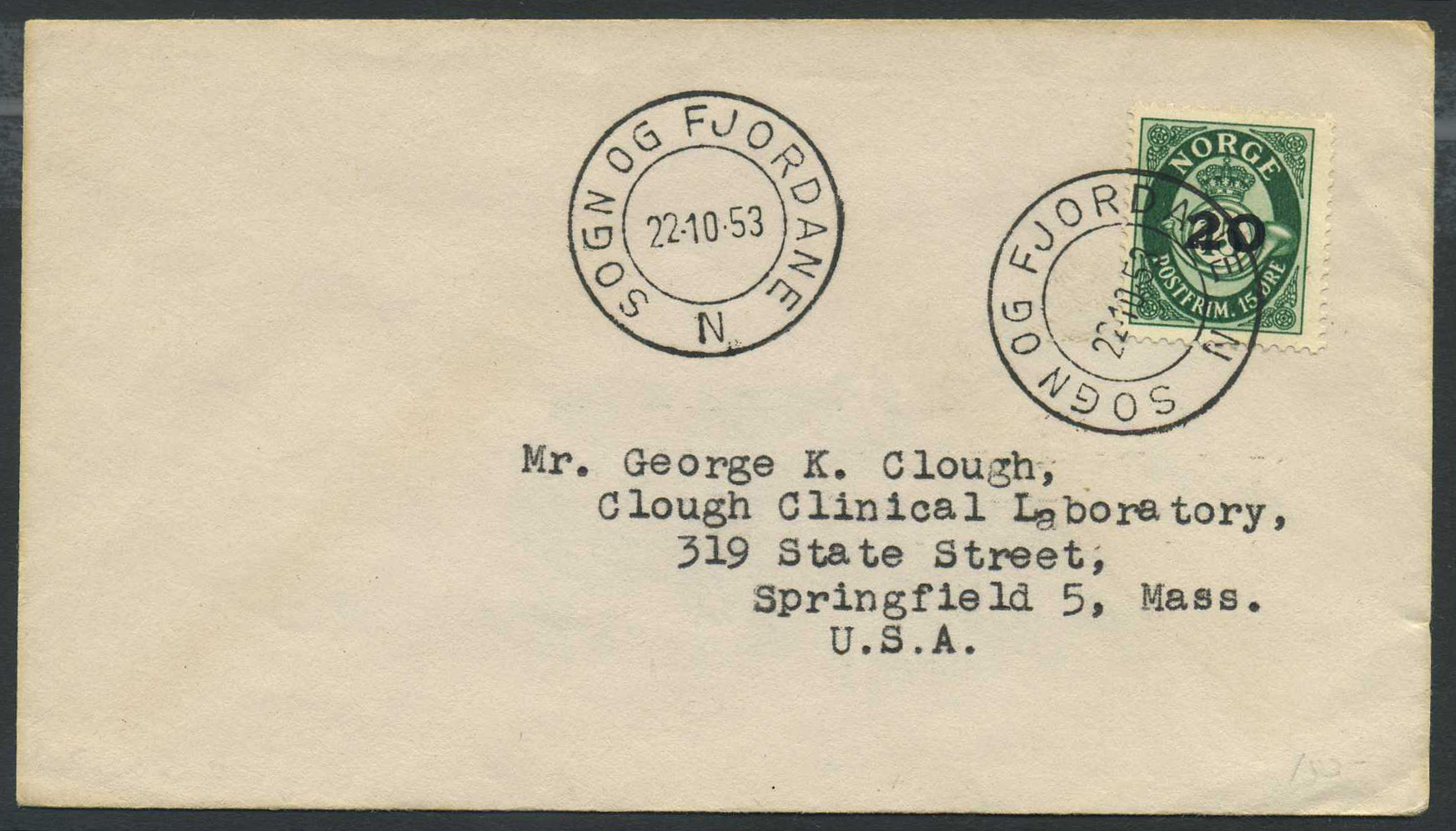 Norway ship mail: 11D 02. SOGN OG FJORDANE N 1953.10.22