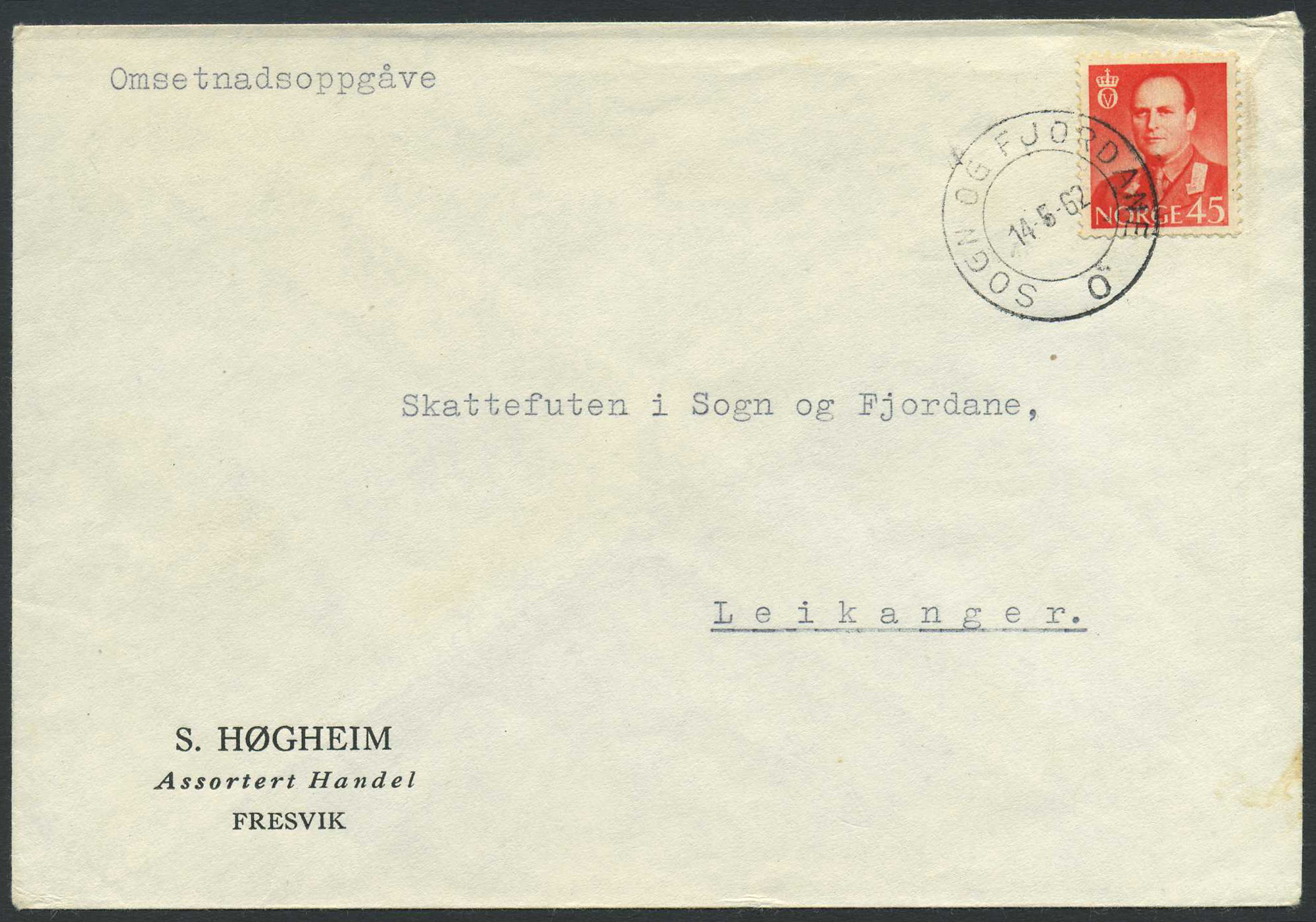 Norway ship mail: 11D 03. SOGN OG FJORDANE O 1962.05.14