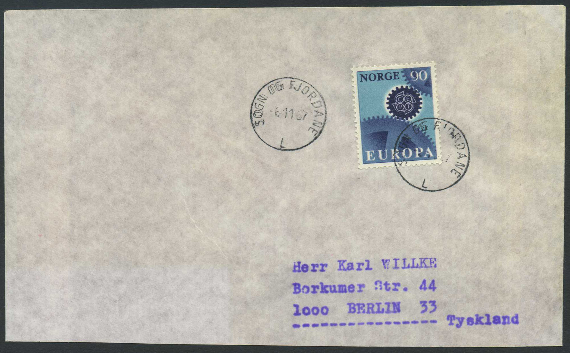Norway ship mail: 11D 15. SOGN OG FJORDANE L 1967.11.06