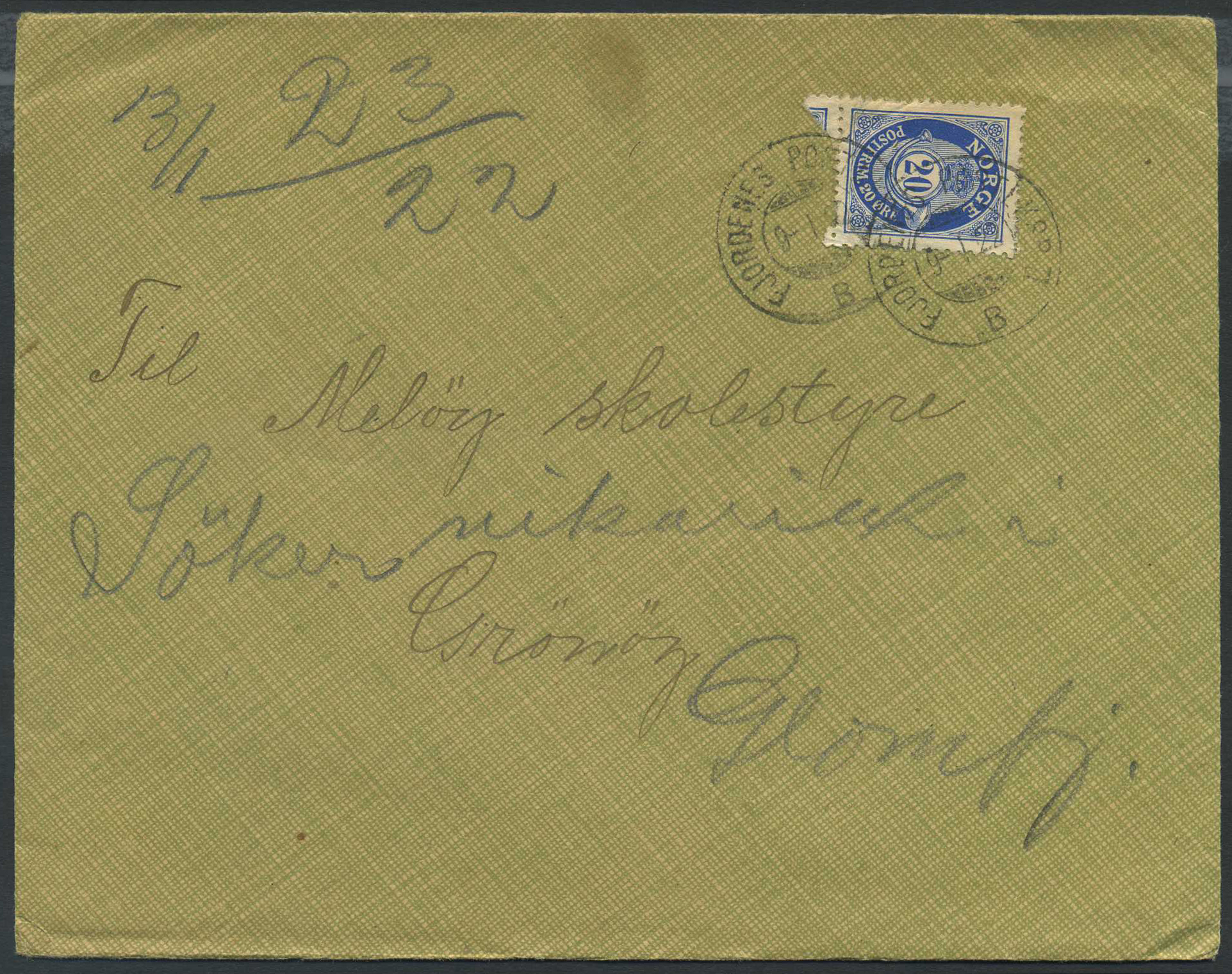 Norway ship mail: 11E 02. FJORDENES POSTEKSP.II B 1922.
