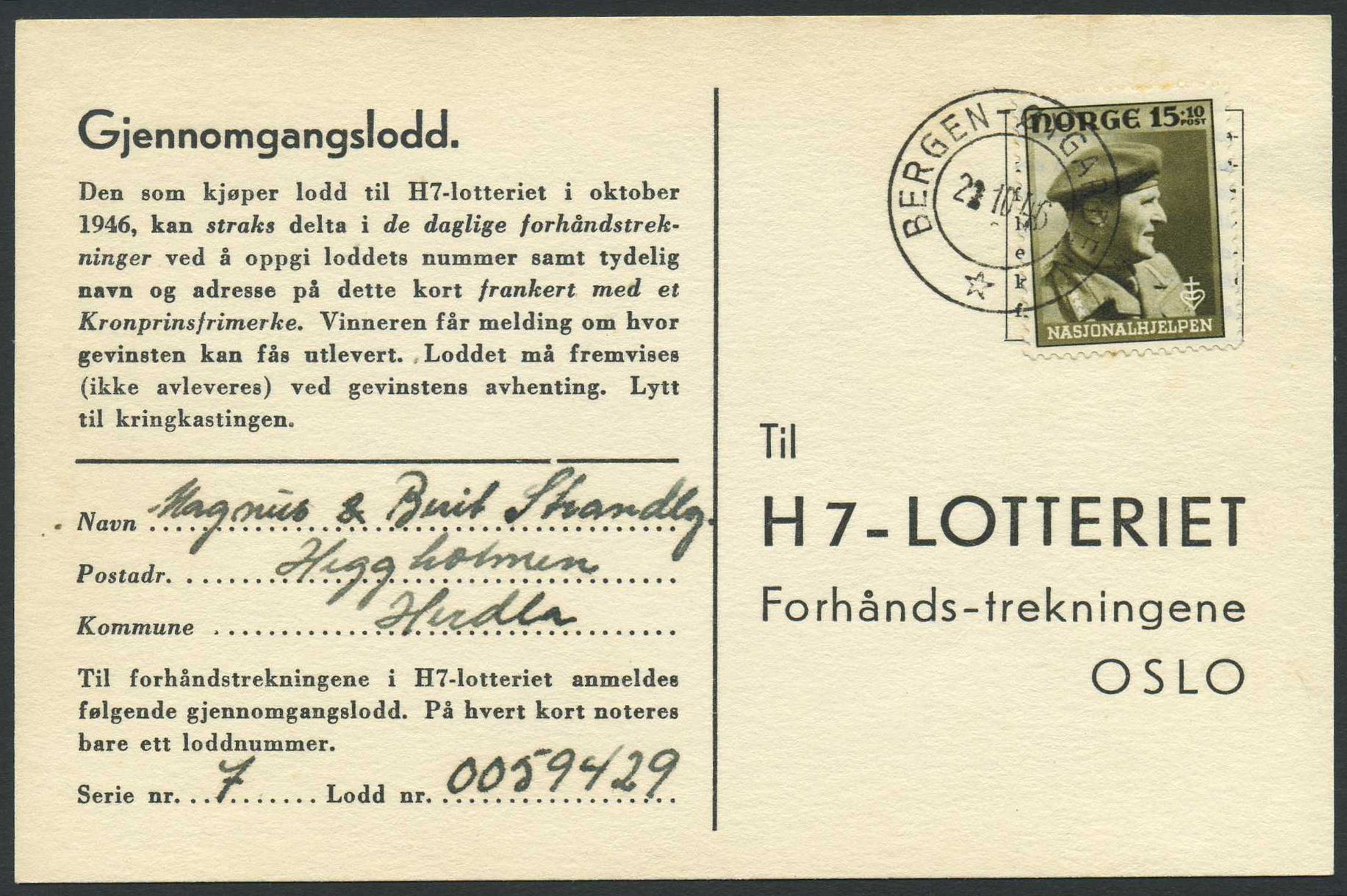 Norway ship mail: 12H 05. BERGEN-ØIGAARDEN * 1946.10.22
