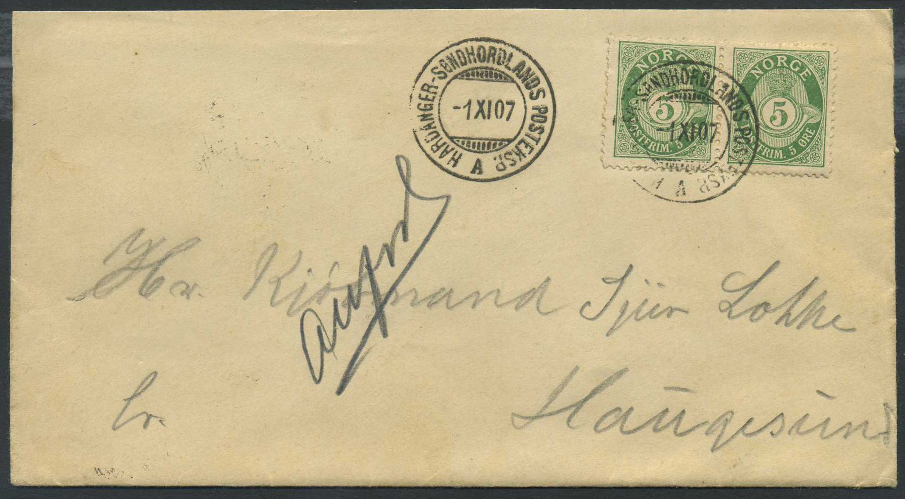 Norway ship mail: 12O 01. HARDANGER-SØNDH.P.EKSP.A 1907