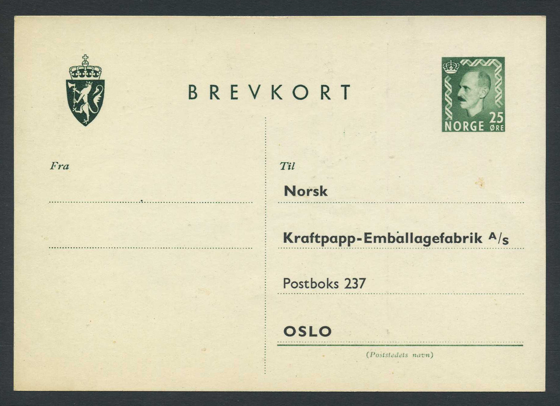 Norway stationaries: BK 120. * 25 ø single card 1956. Unused.  Fine.  Preprinte