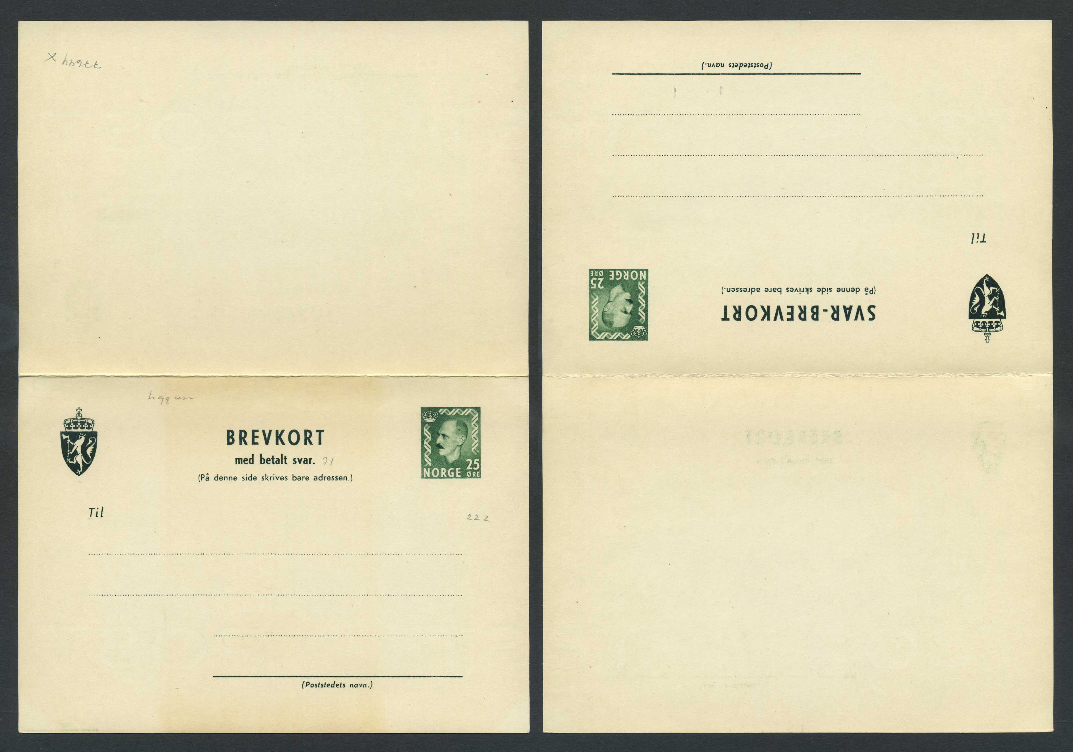 Norway stationaries: BK 123 Ib v2. * Variety: Reply card - solid address line
