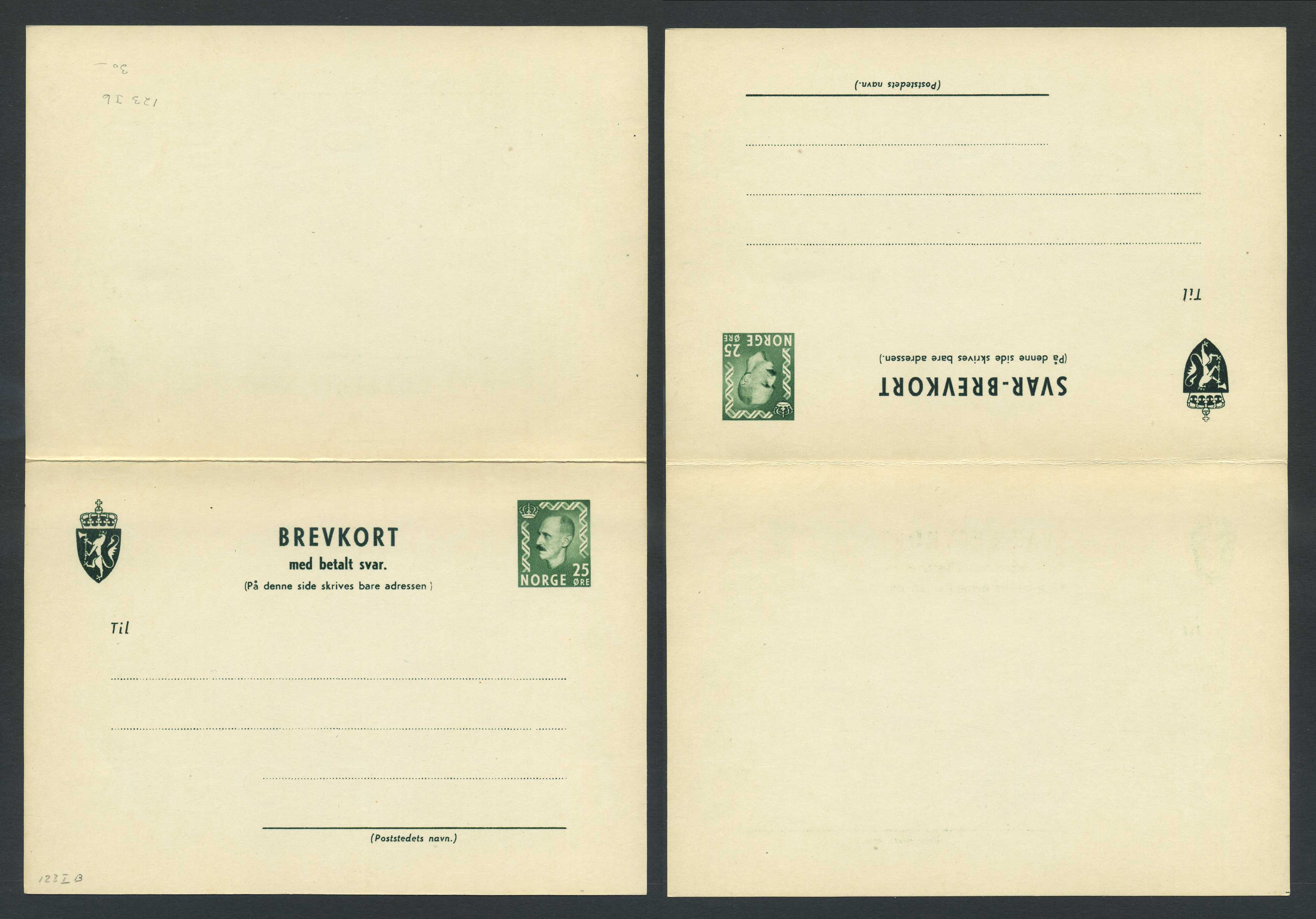 Norway stationaries: BK 123 Ib v1. * Variety: 1st card lacking stop after