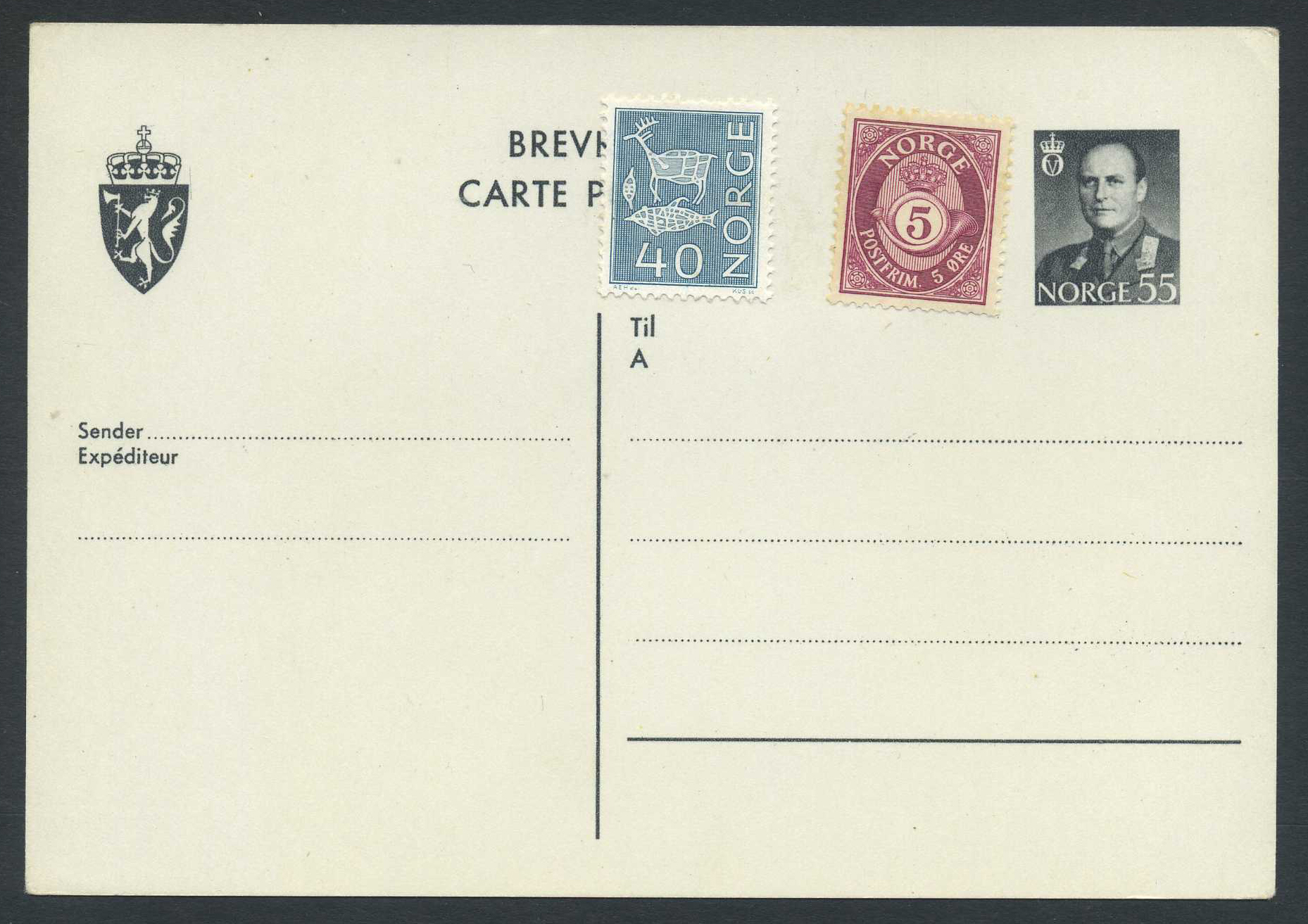 Norway stationaries: BK 127b o3. * 55 ø single card 1959, uprated to 100 øre